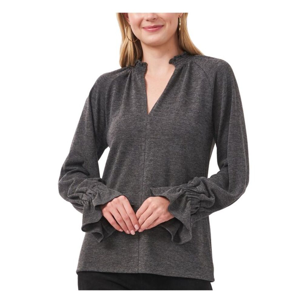 VINCE CAMUTO Womens Gray Smocked Ruffled Heather Balloon Sleeve Split Top XS